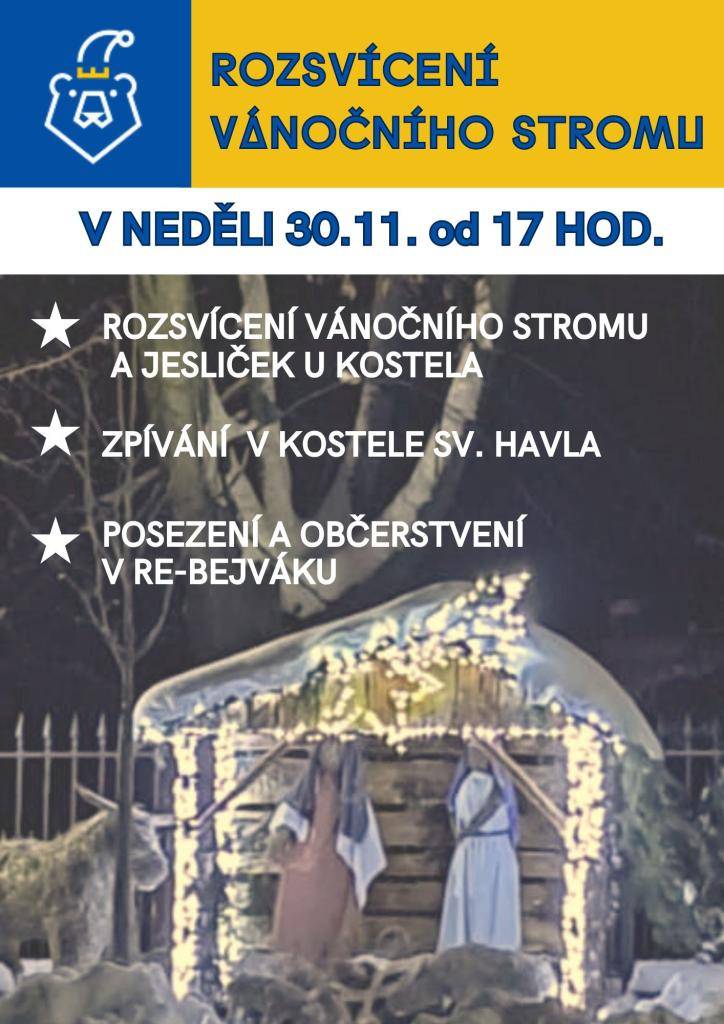 Rozsvícení vánočního stromu a jesliček bude předcházet krátké vystoupení ratměřických dětí v kostele sv. Havla od 17 hod. Poté bude připraveno lehké občerstvení, svařák a jiné nápoje v Re-bejváku.