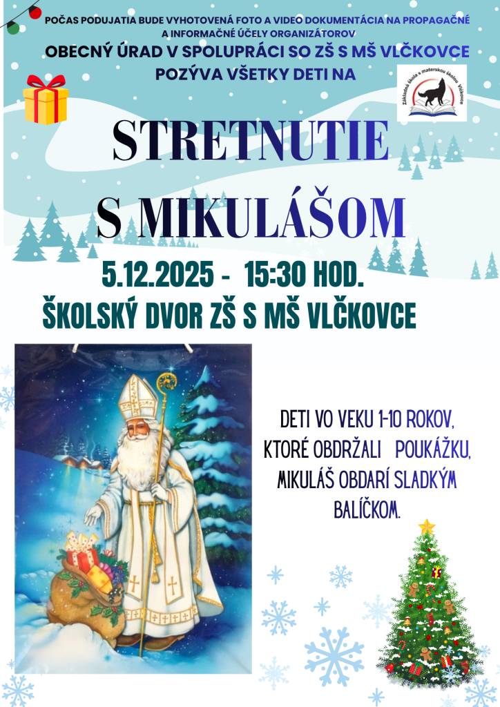 Mikuláš príde aj do Vlčkoviec.   Pozývame všetky deti dňa 5.12.2025 na školský dvor základnej školy o 15:30 hod.  Deti nezabudnite si pozvánku, aby vás mohol Mikuláš obdariť malou sladkosťou.