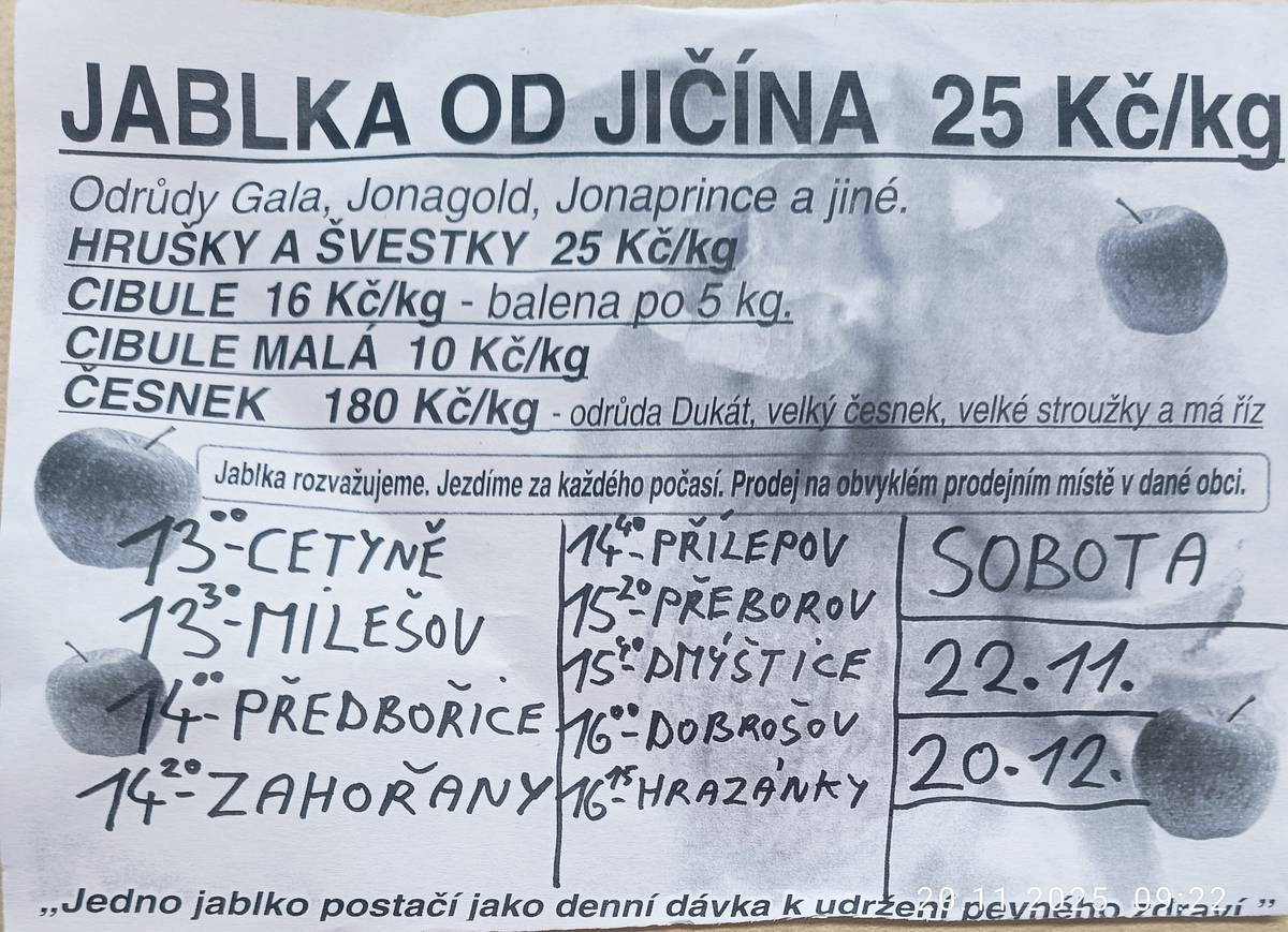 V sobotu 22.11. a v sobotu 20.12. se bude konat v Milešově na návsi prodej jablek, cibule, česneku od 13 hodin a 30 minut.