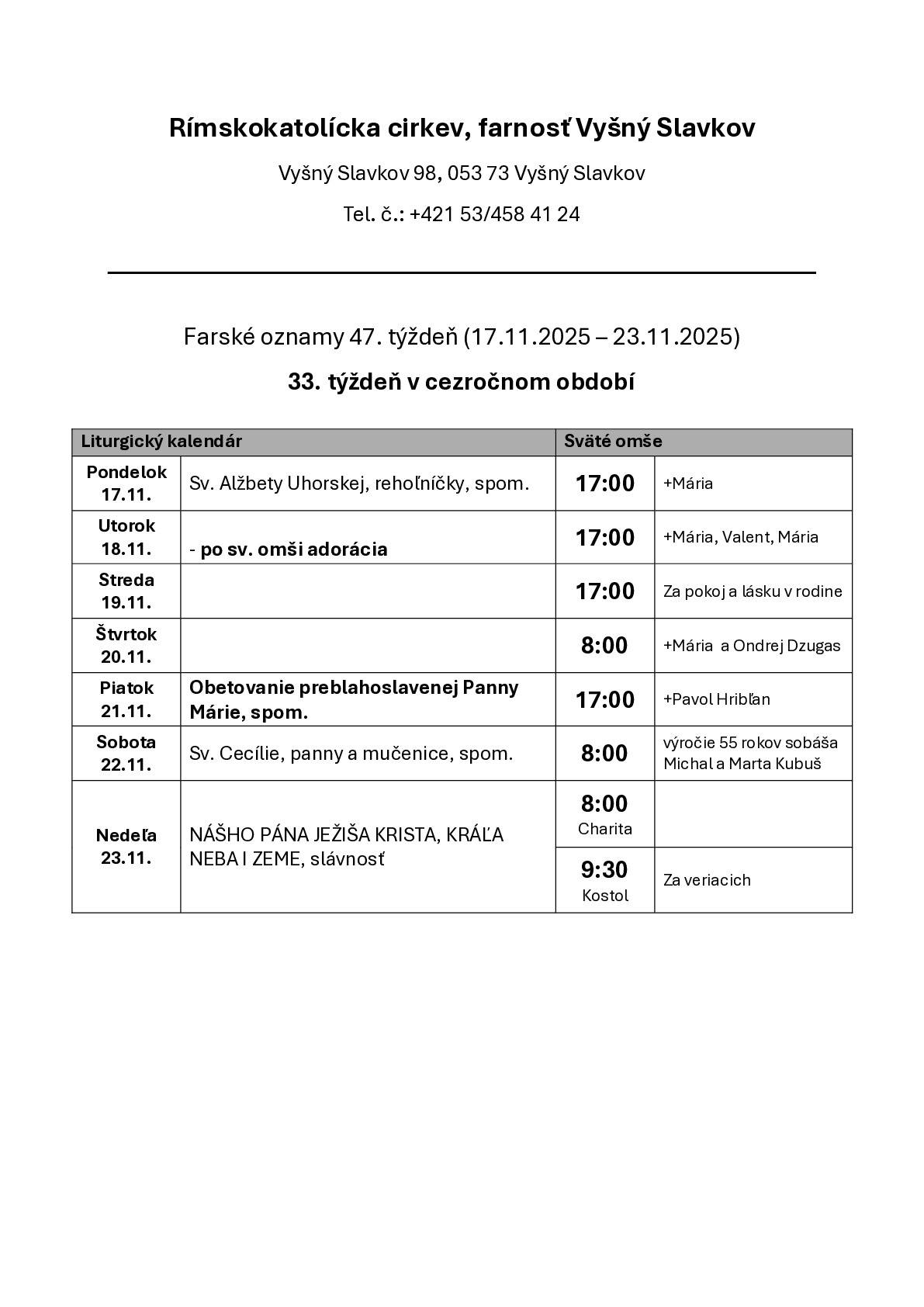Farské oznamy na 47. týždeň