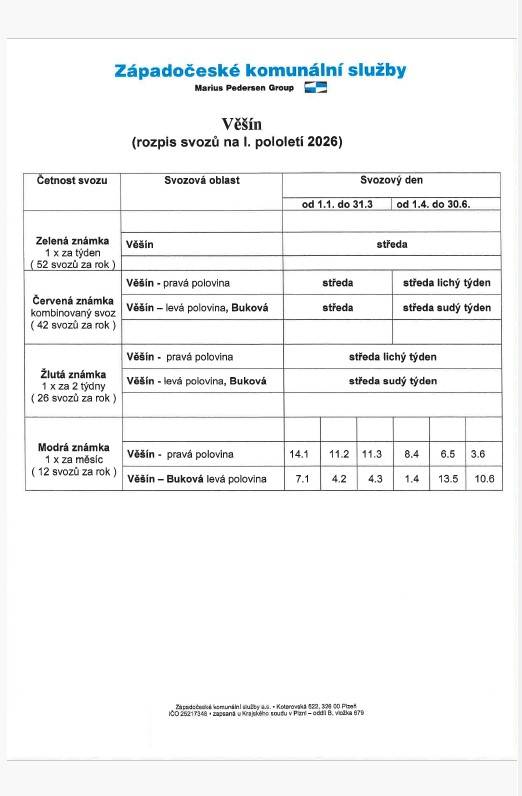 Rozpis svozů odpadu na I. pololetí 2026