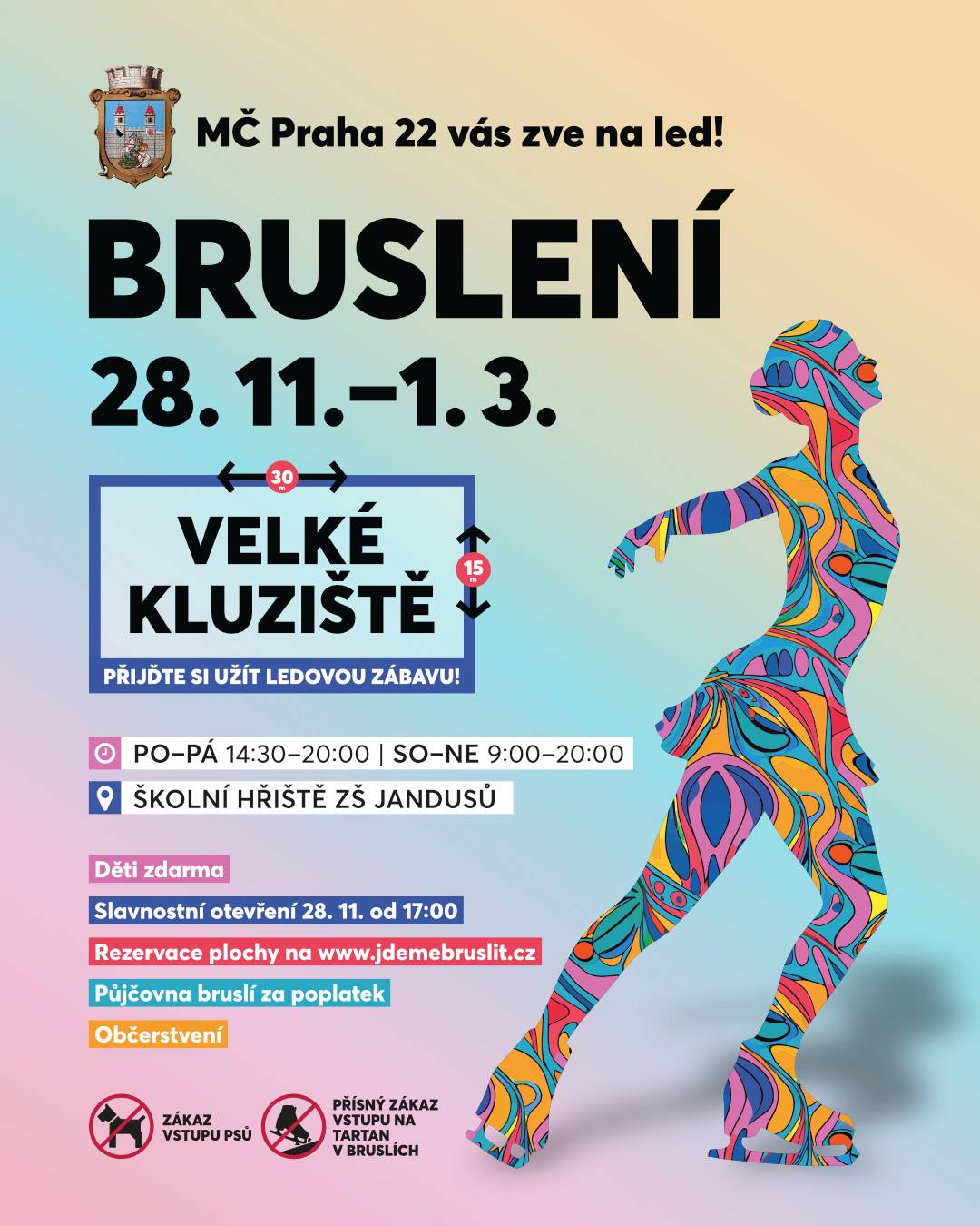❄️ Zveme vás na led! Veřejné bruslení je tu ⛸️   Také letos jsme pro vás připravili ledovou plochu - a tentokrát na velké kluziště 🧊 Přijďte jej vyzkoušet🤩 V provozu bude od 28. listopadu 2025, kdy společně slavnostně zahájíme bruslařskou sezónu, do 1.  března 2026 opět v areálu ZŠ nám. Bratří Jandusů.  🕑 Provozní doba kluziště:  V den slavnostního zahájení 28. listopadu bude otevřeno od 17 hodin. Všední dny od 14 do 20 hodin a o víkendu od 9 do 20 hodin V čase 20 do 22 je možný pronájem, viz. níže   🎄 Vánoční otevírací doba: 22. a 23. 12. 👉🏻 9–20 hodin 24. a 25. 12. 👉🏻 9–15 hodin 26. 12. 👉🏻 9–20 hodin 31. 12. 👉🏻 9–15 hodin 1. 1. 👉🏻 12–20 hodin 2. 1. 👉🏻 9–20 hodin   📍 Místo: Areál ZŠ Jandusů, náměstí Bratří Jandusů, vchod brankou u kostela   👛 Vstup: Děti do 18 let zdarma Dospělí 60 Kč/den (lze uplatnit MultiSport kartu)   ⛸️ Také letos je připravena půjčovna bruslí a vybavení  Ceník půjčení na 1 hodinu:   Brusle dospělí 👉🏻 120 Kč Brusle děti do 15 let  👉🏻 100 Kč Polární medvěd  👉🏻 100 Kč Hrazdička  👉🏻 50 Kč Kačenky  👉🏻 50 Kč Návleky na boty  👉🏻 40 Kč Helma  👉🏻 30 Kč   🏒 Pronájem ledové plochy Rezervační systém slouží školám a školkám ve všední dny v čase od 9 do 14 hodin. Komerční pronájem je dostupný celý týden (mimo 24., 25. a 31. 12.) od 20 do 22 hodin za 1 500 Kč / hodina.  🗓️ Rezervujte na tomto odkazu https://www.jdemebruslit.cz/rezervace V mezidobí je ledová plocha pro veřejnost bez rezervace.   Přijďte si užít ledovou zábavu!