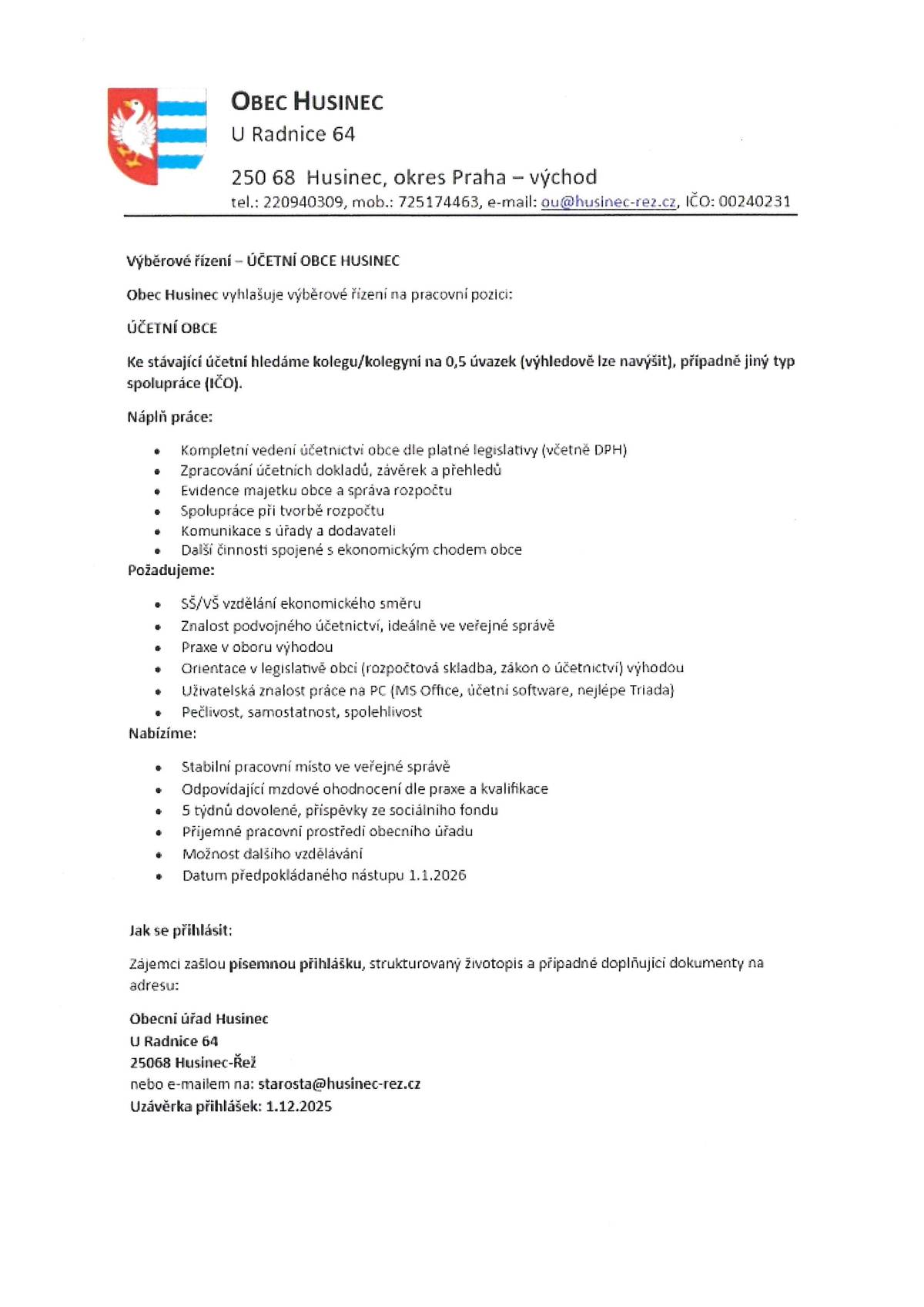 Obec Husinec hledá nového kolegu/kolegyni na 0,5 úvazku, pozice účetní. tým OÚ