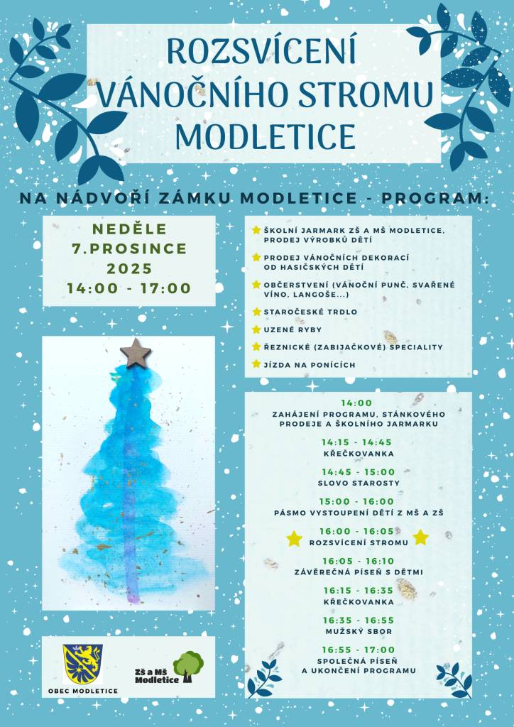 tímto Vás zveme na rozsvícení vánočního stromu, které proběhne druhou adventní neděli tedy 07.12.2025 od 14:00 hodin na nádvoří zámku.  Přijďte si užít krásnou předvánoční atmosféru se sousedy.  Těšíme se na Vás.  Více informací o programu naleznete v plakátu v příloze.