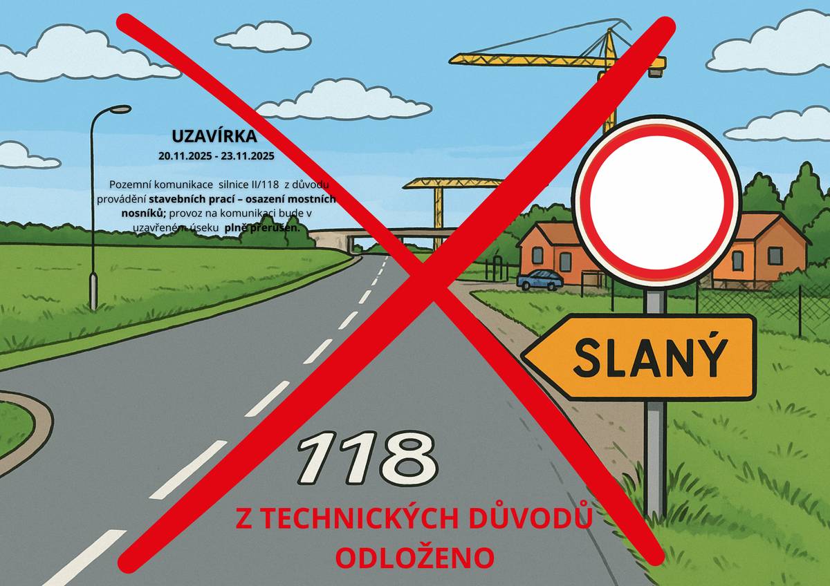 PLÁNOVANÁ UZAVÍRKA pozemní komunikace silnice II/118 a nájezdu na D7 ve dnech 20. 11. 2025 – 23. 11. 2025 je z TECHNICKÝCH DŮVODŮ ze strany stavitele ZRUŠENA. Silnice II/118 i nájezd na dálnici D7 budou v uvedených dnech plně průjezdné.
