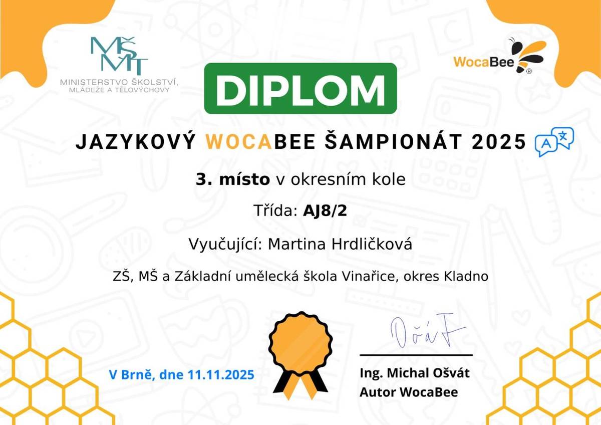 Naše 8. třída se zapojila do sedmého ročníku soutěže s názvem Jazykový WocaBee šampionát. Soutěž probíhá pod záštitou Ministerstva školství, mládeže a tělovýchovy a soutěží se online v aplikaci na učení slovíček – WocaBee, kterou jim pro tento rok zakoupila naše škola.