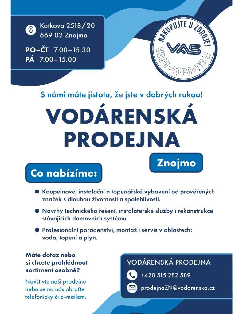 Vodárenská prodejna ve Znojmě nabízí širokou škálu koupelnového, instalačního a topenářského vybavení od prověřených značek. Naše služby zahrnují návrhy technického řešení, instalatérské práce a rekonstrukce domovních systémů, spolu s profesionálním poradenstvím a servisem v oblastech vody, topení a