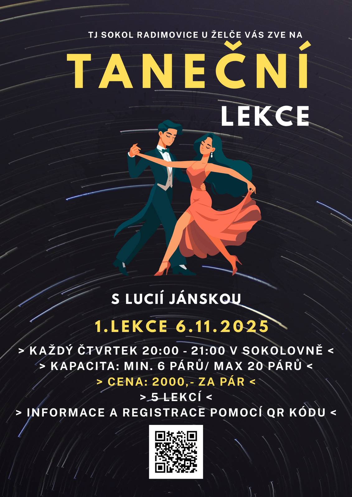 Dobrý den, ahoj,                                                                                                                                        tato zpráva je hlavně pro rodiče a netýká se cvičení. TJ Sokol Radimovice u Želče ve spolupráci s Lucií Jánskou pro Vás připravili TANEČNÍ LEKCE PRO DOSPĚLÉ. Zde je odkaz pro přihlášky: https://forms.gle/TQHoPDMK43RXvEfz9 . Těšíme se