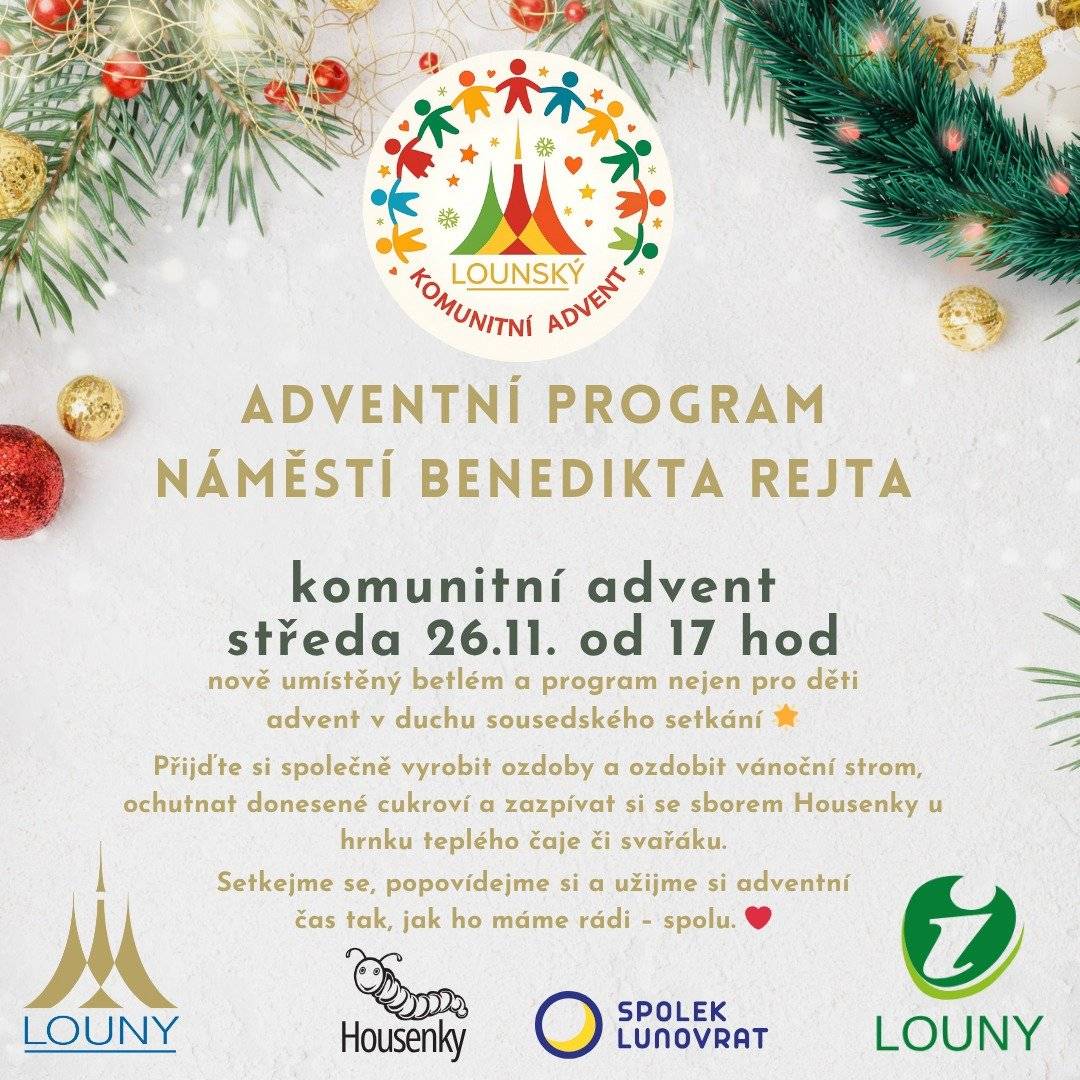 Přijďte si již za týden, ve středu 26.11. od 17hod, užít pohodové sousedské setkání na náměstí Beneditka Rejta  – čeká na vás opravený betlém ZUŠ Louny, vystoupení dětského sboru Housenka, výroba vánočních ozdob a také čaj či svařák na zahřátí. Těšíme se na společné adventní odpoledne plné setkávání, povídání a předvánoční atmosféry. ❤️🌲