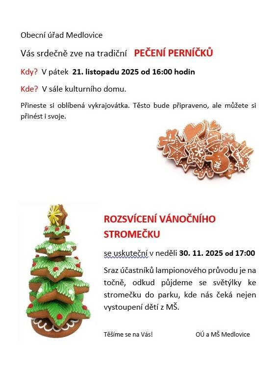 Pečení perníčků 21.11. a rozsvěcení stromečku 30.11.