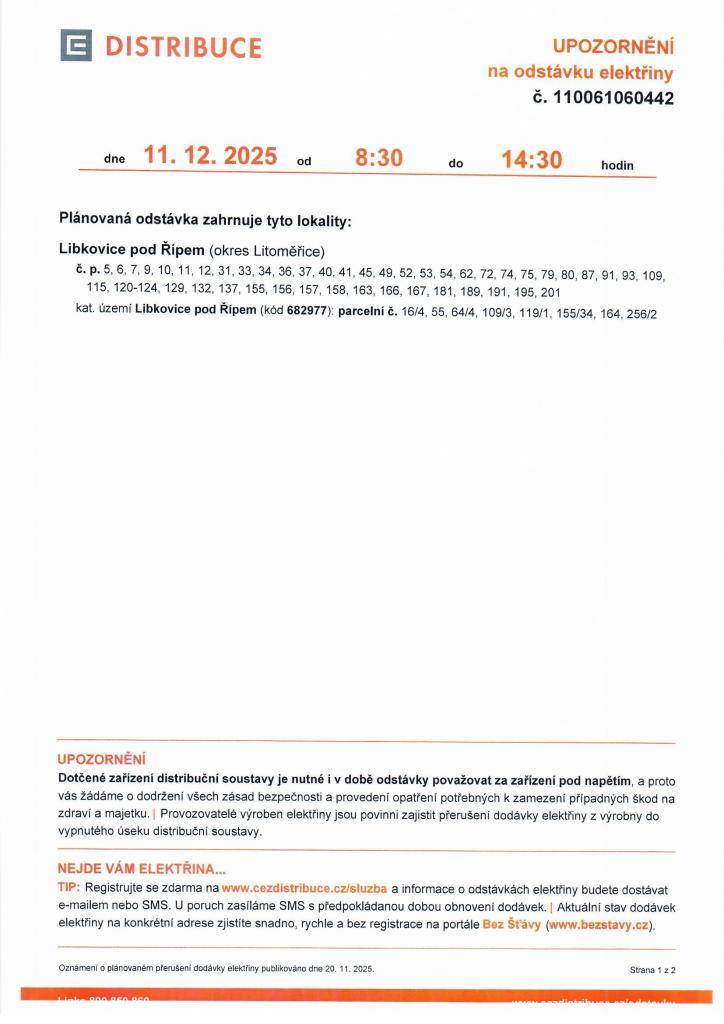Upozornění na odstávku elektřiny.  Dne 11.12.2025 od 8:30 do 14:30  Lokality kterých se to týká viz příloha