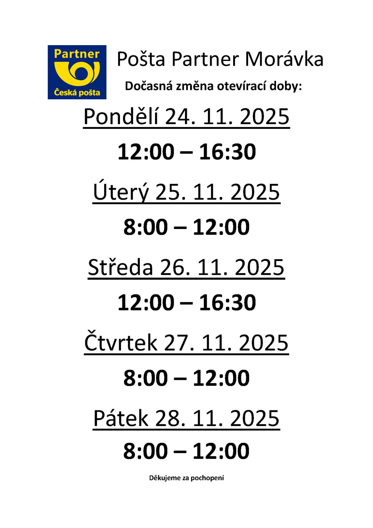 Dočasná změna otevírací doby Pošty Partner Morávky
