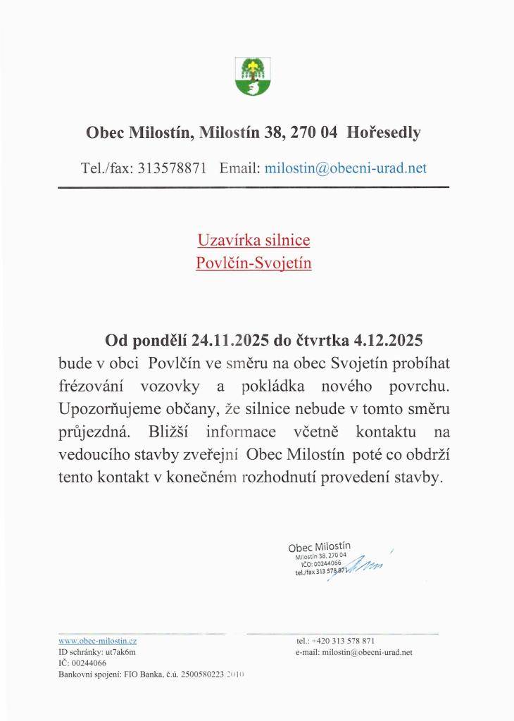 Od 24.11.proběhne rekonstrukce silnice Povlčín-Svojetín.