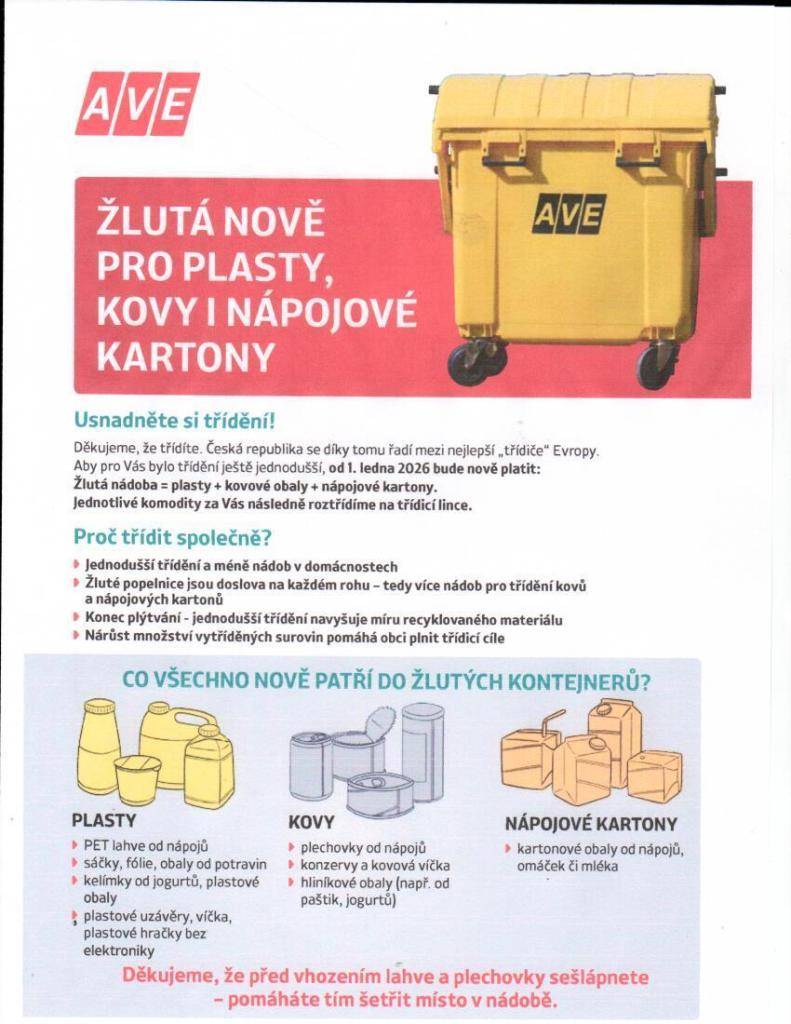 Žlutá nádoba AVE nově pro plasty, kovy i nápojové kartony.