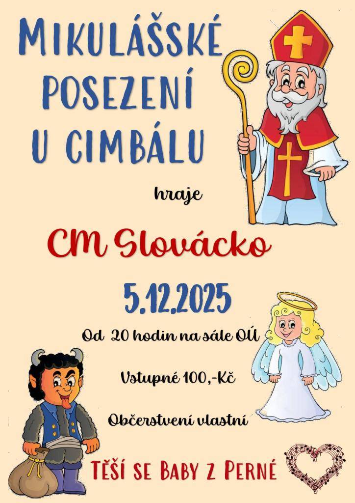 Babský spolek Vás 5.12.2025 zve na mikulášské posezení u cimbálu s CM Slovácko.