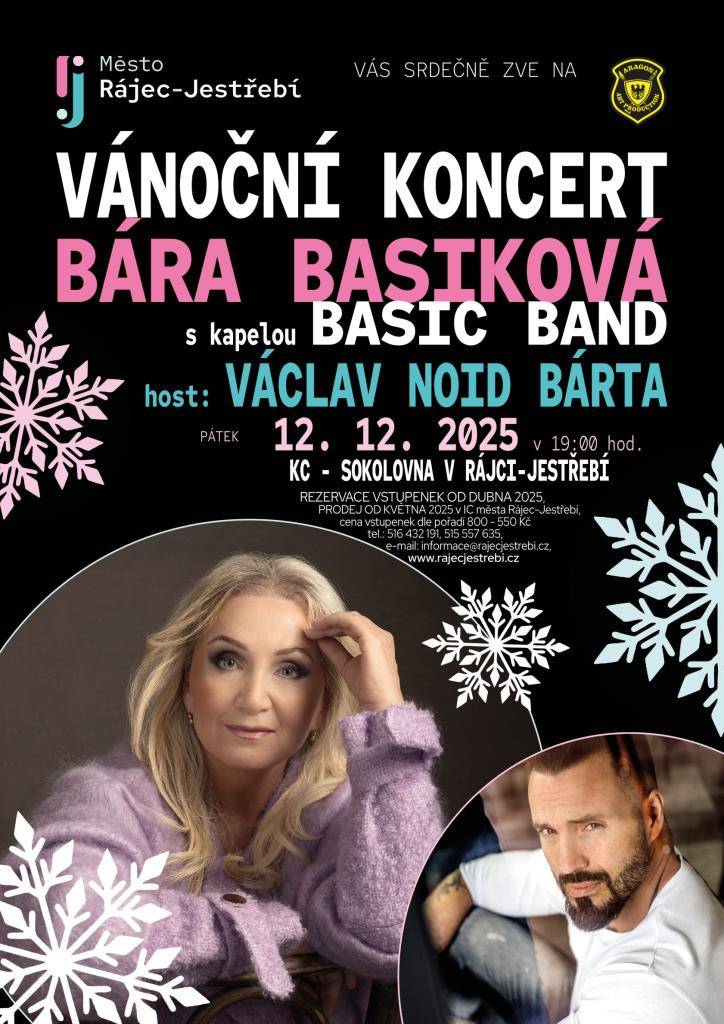 Město Rájec-Jestřebí Vás srdečně zve na Vánoční koncert Báry Basikové s kapelou Basic Band, kde jako host vystoupí Václav Noid Bárta. Koncert se uskuteční v pátek 12. prosince. Vstupenky jsou v prodeji v IC.