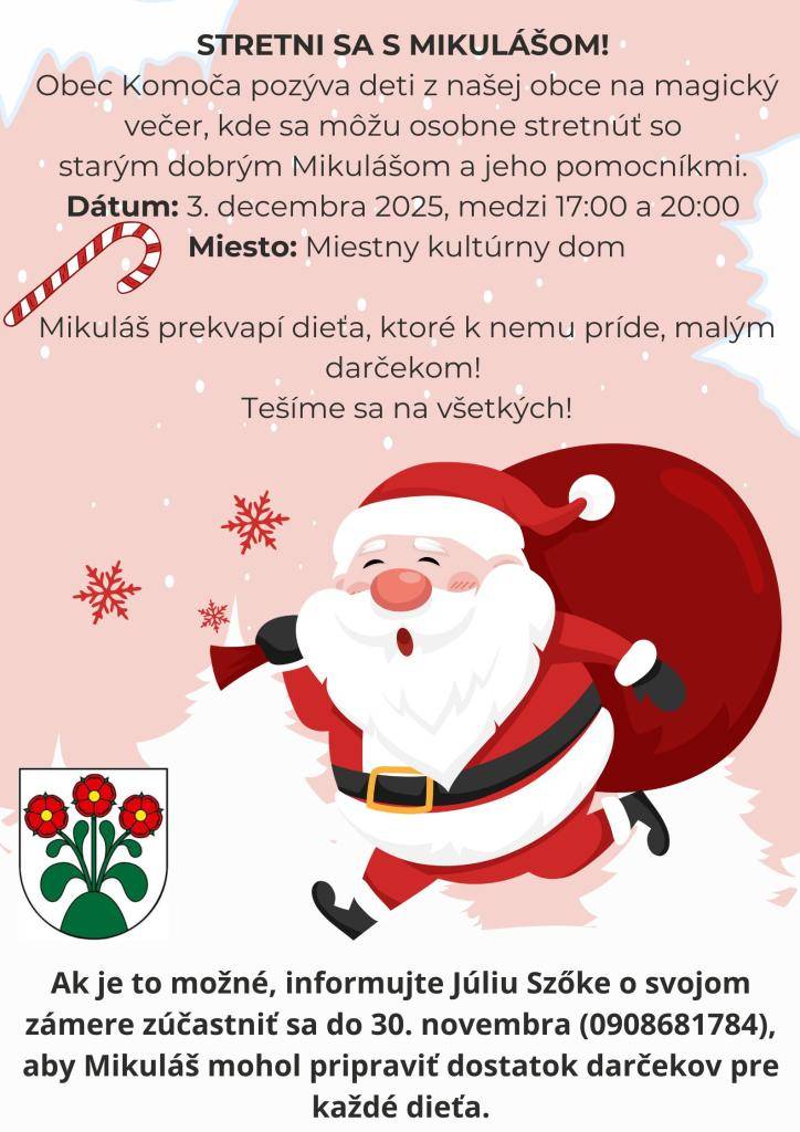 Každé dieťa srdečne očakáva Mikuláš so svojími pomocníkmi 3. decembra 2025, v stredu v kultúrnom dome medzi 17:00 a 20:00 hodinou. Mikuláš prekvapí každé dieťa, ktoré k nemu príde, malým darčekom.
