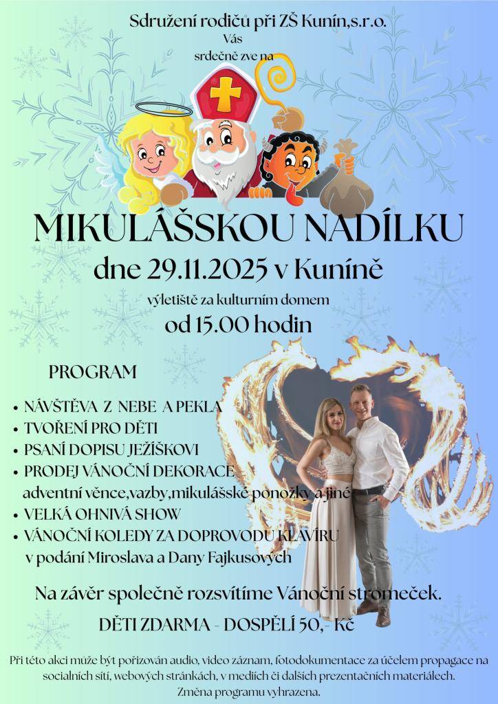 Začátek akce v 15 hodin.  Těšit se můžete na návštěvu z nebe i pekla,tvoření,psaní dopisu Ježíškovi,prodej vánočních dekorací a na velkou ohnivou show.  Zazní koledy za doprovodu klavíru v podání Miroslava a Dany Fajkusových. Na závěr společně rozsvítíme vánoční stromeček. Děti zdarma, dospělí 50 Kč