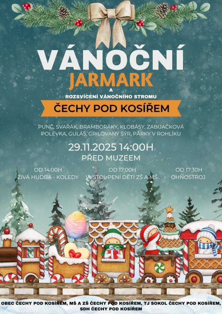 ZŠ a MŠ Čechy pod Kosířem zve všechny na rozsvícení vánočního stromu, které se koná 29. listopadu 2025 od 14:00 hodin. Program nabídne živou hudbu, koledy a vystoupení dětí ze ZŠ a MŠ. Na místě si budete moci pochutnat na různých tradičních jídlech a nápojích.