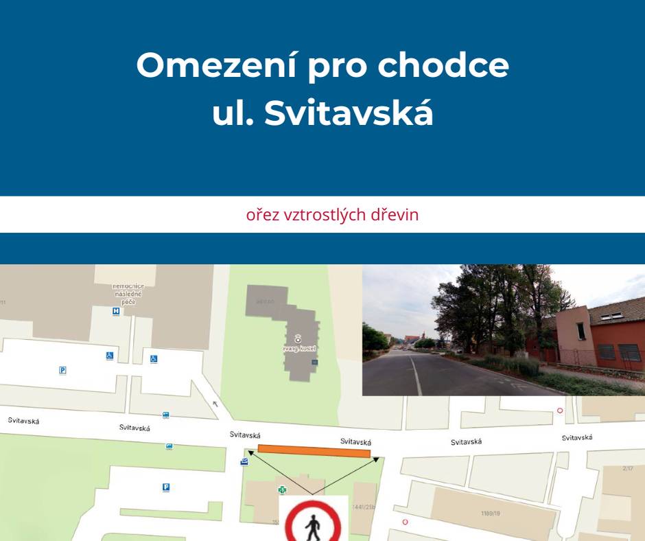 Omezení pro chodce - ulice Svitavská Z důvodu plánovaného ořezu vzrostlých dřevin bude ve středu 3. prosince uzavřen chodník na ulici Svitavská od výjezdu u lékárny až po kiosek. V místě bude umístěna vysokozdvižná plošina a další technika potřebná pro bezpečné provedení prací. Dopravní omezení  - ulice Dvorní  V Moravské Třebové budou v termínu od 24. listopadu do 30. prosince  probíhat ořezy vzrostlých dřevin - v úseku od kulturního domu Na Písku po konec zemědělského areálu PAVLÍK a společníci, s.r.o.. Údržbové práce jsou rozděleny do tří etap. Provoz bude částečně omezen vždy v době od 08:00 do 16:00 hod.