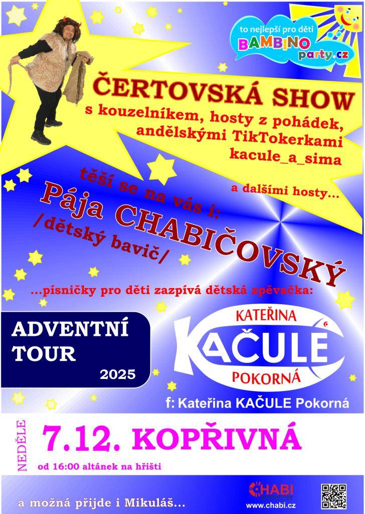 Zveme Vás v neděli 7.12.2025 od 16:00 na ČERTOVSKOU SHOW s kouzelníkem a hosty z pohádek