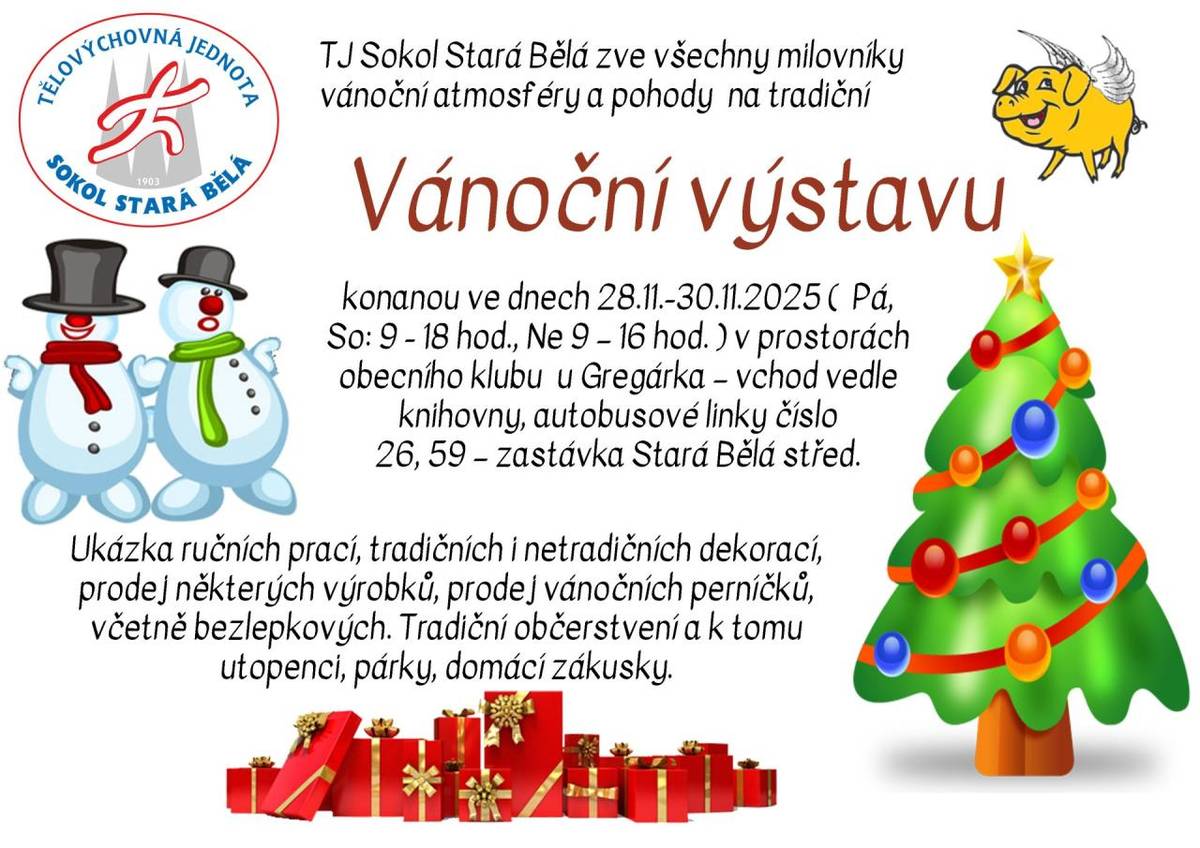 TJ Sokol Stará Bělá zve všechny milovníky vánoční atmosféry a pohody na tradiční vánoční výstavu ve dnech 28.-30.11.2025 v prostorách obecního klubu u Gregárka.