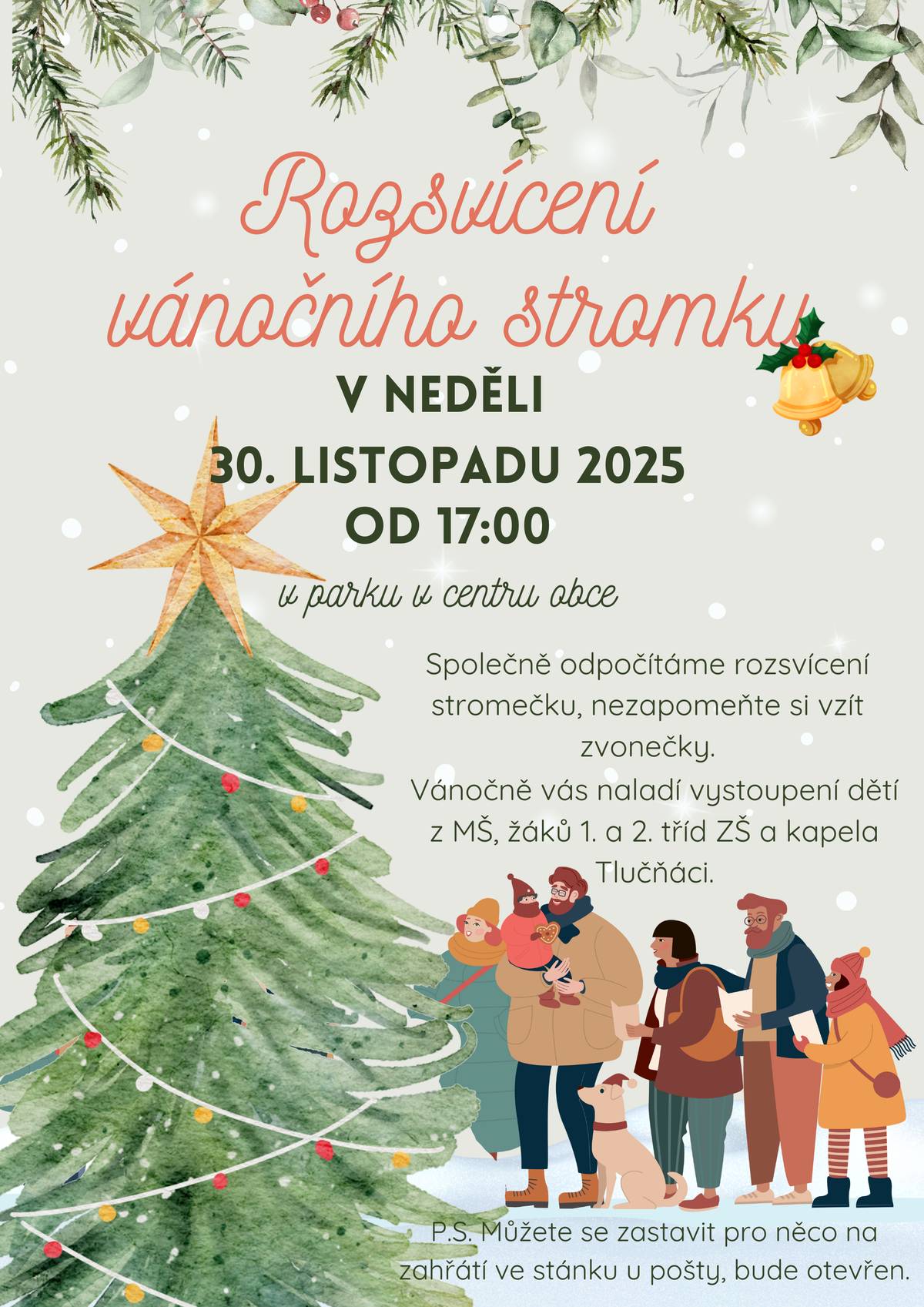 Už příští neděli společně zahájíme adventní čas rozsvícením vánočního stromku v centru obce u krokodýla. Těšíme se na vás!