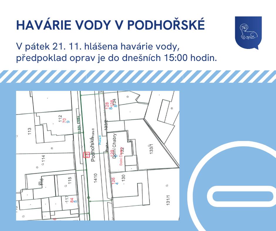 V Podhořské ulici byla dnes hlášena havárie vody. V místě bude proveden výkop v komunikaci. Plán provedení oprav je dle PVK do dnešních 15:00 hodin.