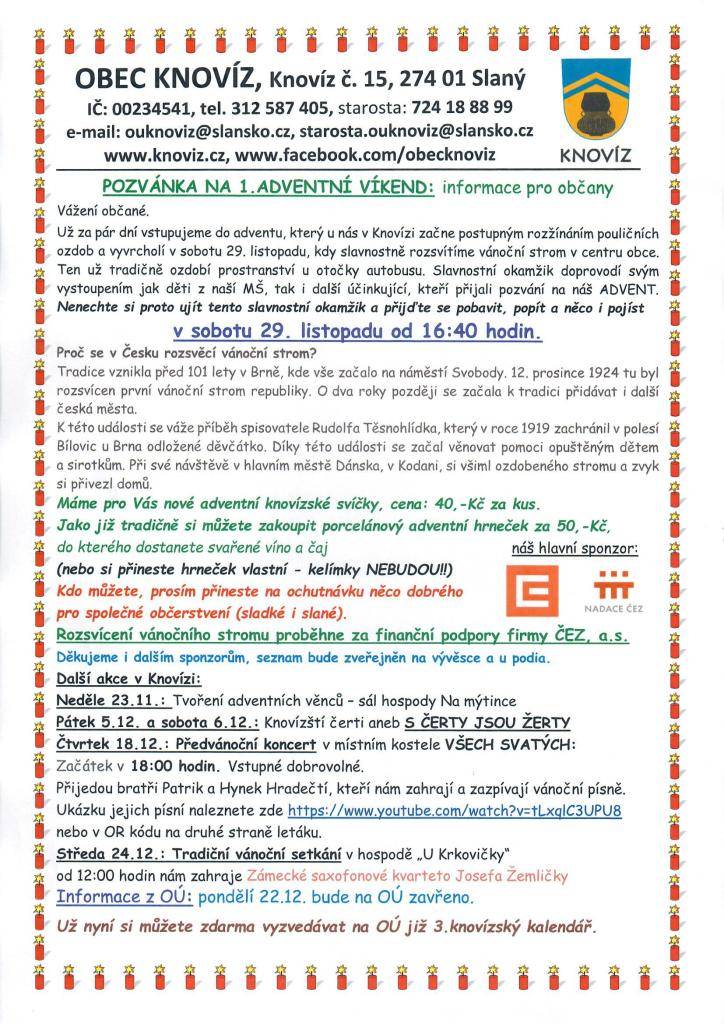 Na první adventní víkend vás zveme na pestrý program plný vánoční atmosféry. Přijďte si užít kulturní vystoupení v naší obci.