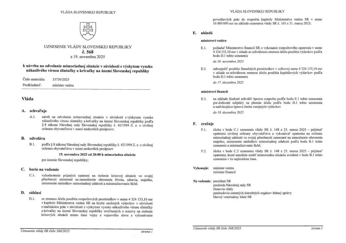 Vláda Slovenskej republiky schvaľuje návrh na odvolanie mimoriadnej situácie v súvislosti s výskytom vysoko nákazlivého vírusu slintačky a krívačky na území Slovenskej republiky a odvoláva dňa 19. 11. 2025 o 20:00 hod mimoriadnu situáciu.