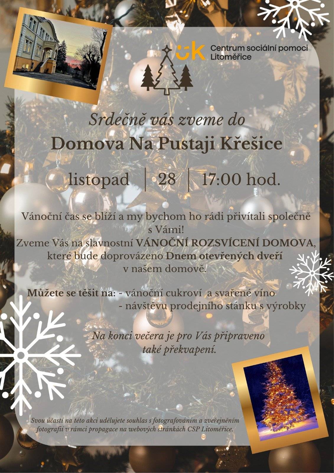 Domov na Pustaji Vás zve 28.11.2025 od 17:00 hodin na slavnostní Vánoční rozsvícení domova, které bude doprovázeno Dnem otevřených dveří.