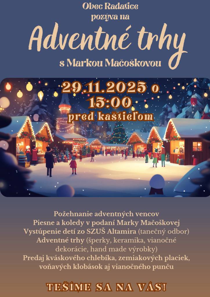 Pozývame Vás na spoločný začiatok Adventu. Nebude chýbať požehnanie obecného adventného venca a aj tých Vašich, ktoré si prinesiete. S koledami vystúpi jedinečná Marka Mačošková a v stánkoch Vám remeselníci ponúknu úžasné hand made výrobky. Pred kaštieľom budú rozvoniavať dobroty a punč.