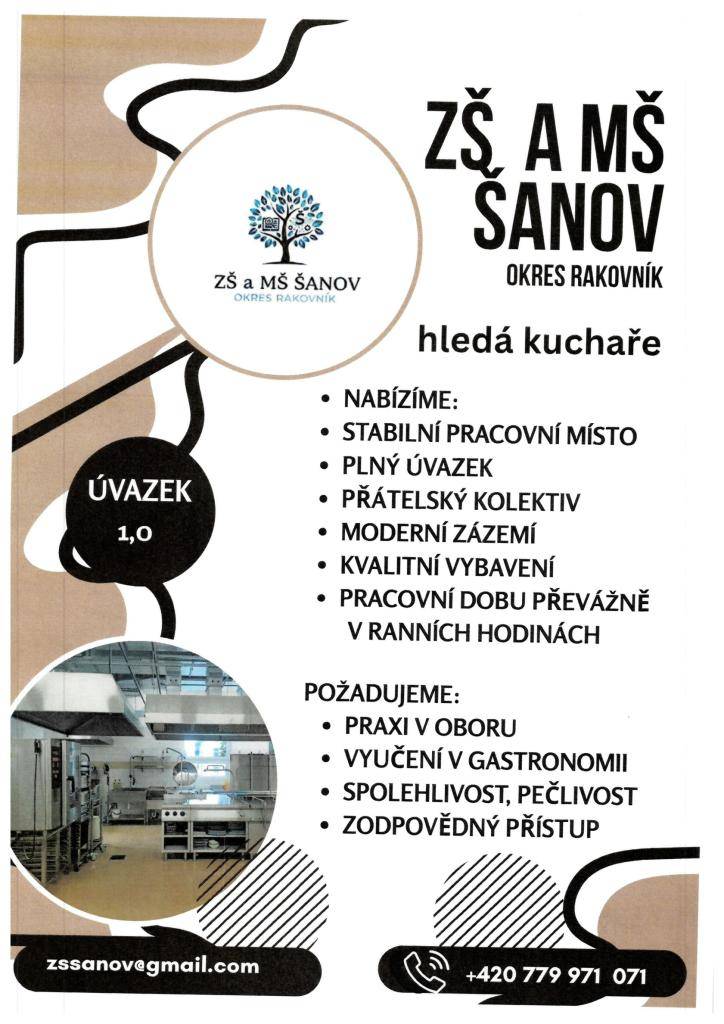 Do nově zrekonstruované školní kuchyně hledáme kuchaře a kuchařku vyučené v gastronomii. Plný úvazek, moderní zařízení, pracovní doba od 6 h do 14:30 h.