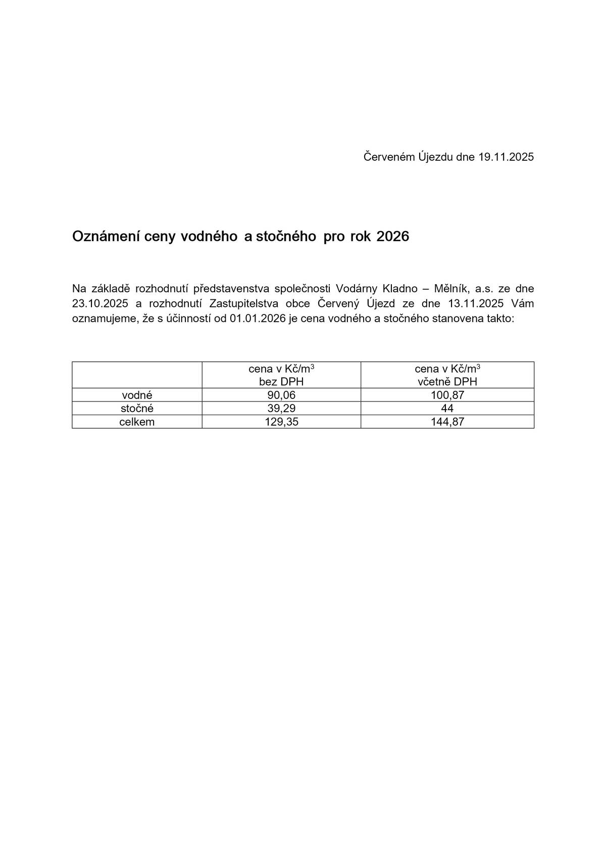 Oznámení ceny vodného a stočného pro rok 2026