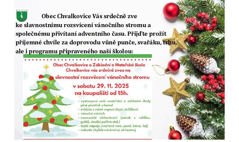 Rozsvícení vánočního stromečku Chvalkovice 29.11.2025 od 15:00hod na koupališti ve Chvalkovicích
