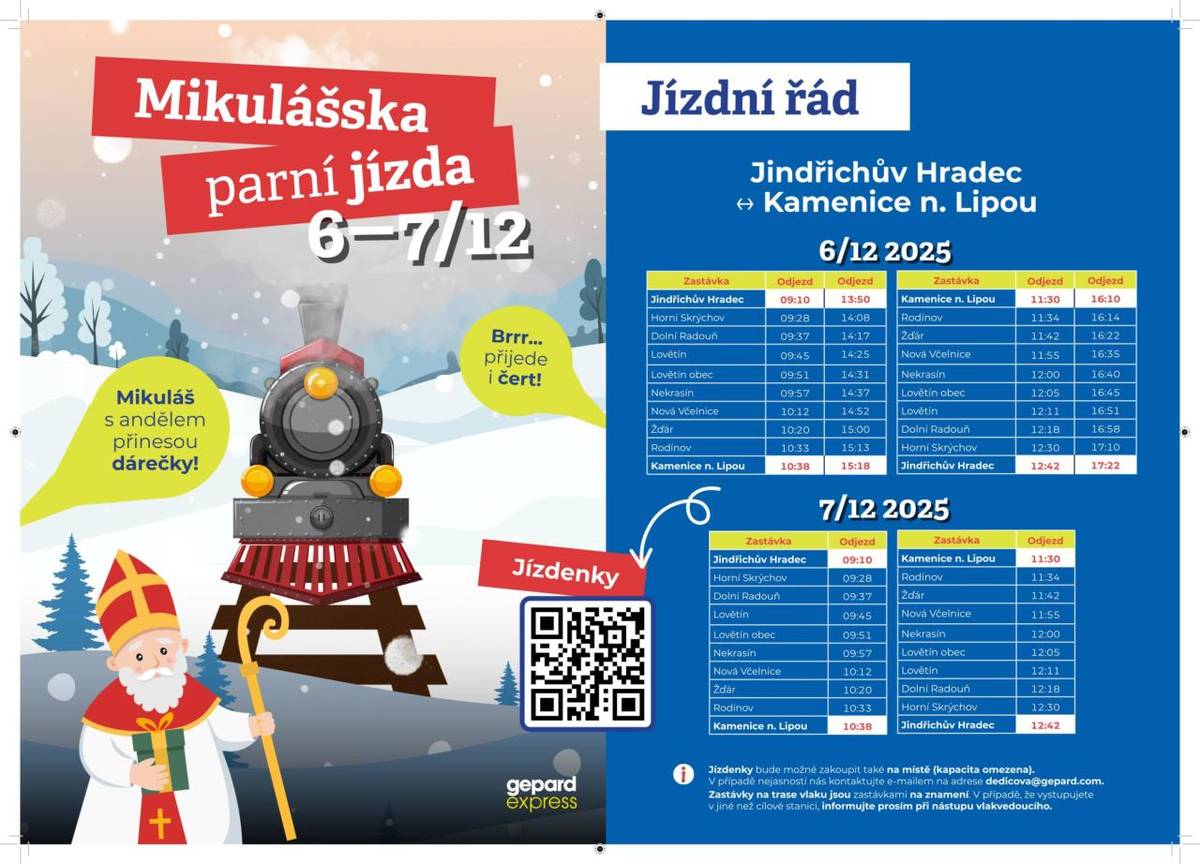Mikulášská parní jízda 6. - 7. 12. 2025  Jindřichův Hradec - Kamenice nad Lipou