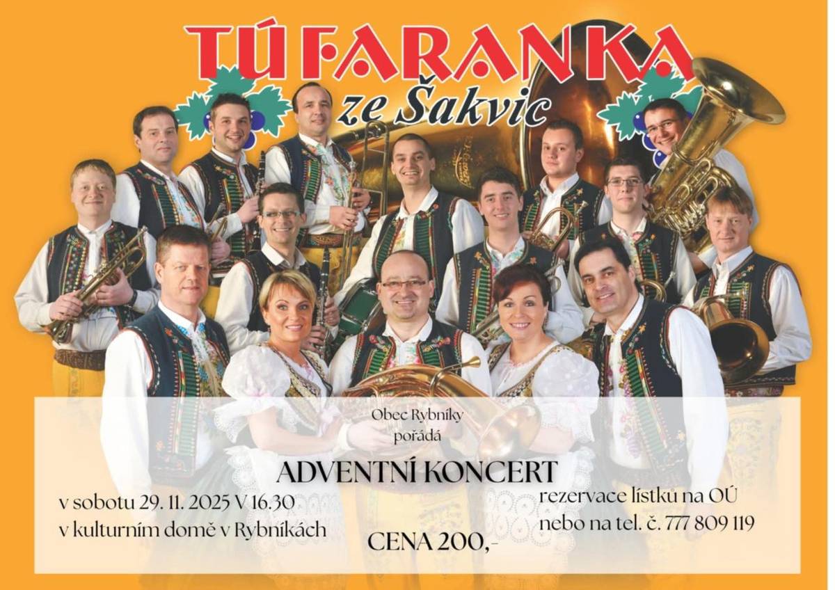 Obec Rybníky pořádá adventní koncert, který se koná v sobotu 29. listopadu 2025 v 16:30 hodin v místním kulturním domě. Vstupenky jsou k zakoupení za 200 Kč a jejich rezervaci lze provést na obecním úřadě nebo telefonicky.