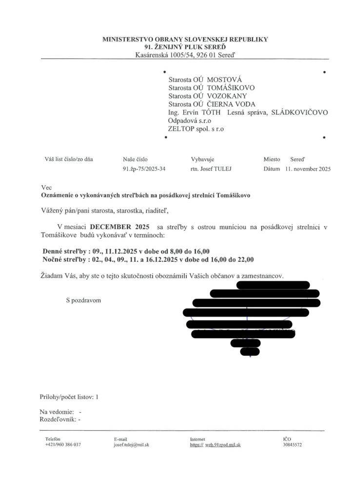 Oznámenie o vykonaní výcviku na strelnici v Tomášikove - streľby s ostrou muníciou - december 2025