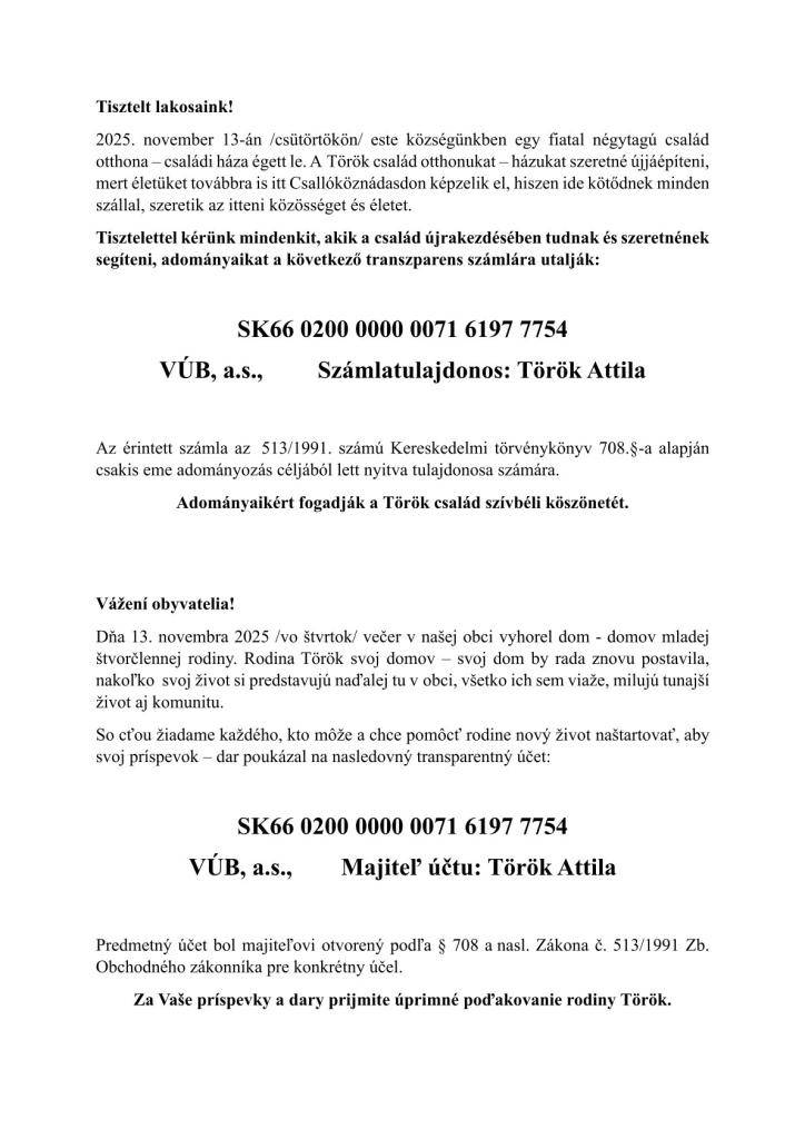 Príspevky a dary pre rodinu Török