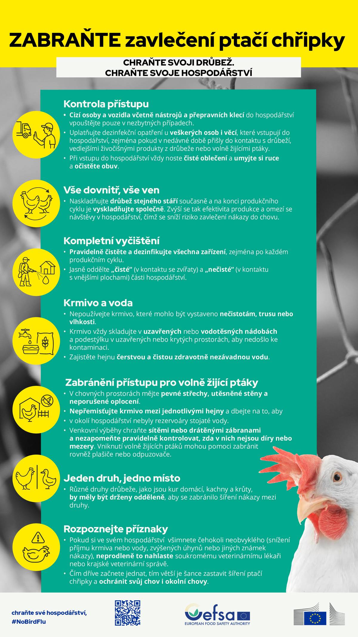 Státní veterinární správa upozorňuje na vysoké riziko dalšího šíření nákazy vysoce patogenní ptačí chřipky (HPAI) subtypu H5N1. Státní veterinární správa zároveň upozorňuje na důležitost zavést preventivní opatření biologické bezpečnosti v chovech drůbeže a ptáků chovaných v zajetí, viz leták EFSA v příloze.