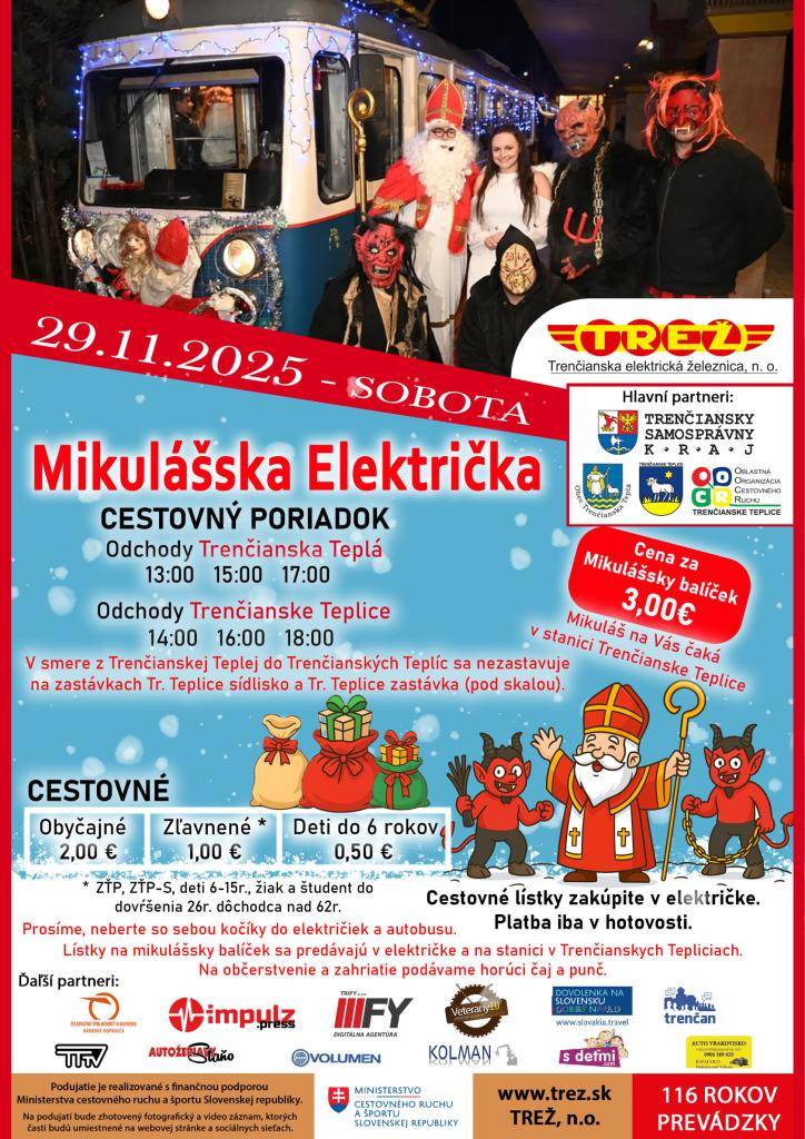 Trenčianska elektrická železnica, n.o. Vás pozýva na Mikulášsku elektičku v sobotu 29.novembra 2025.