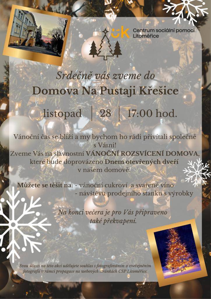 Domov na Pustaji Vás zve 28.11.2025 od 17:00 hodin na slavnostní Vánoční rozsvícení domova, které bude doprovázeno Dnem otevřených dveří.