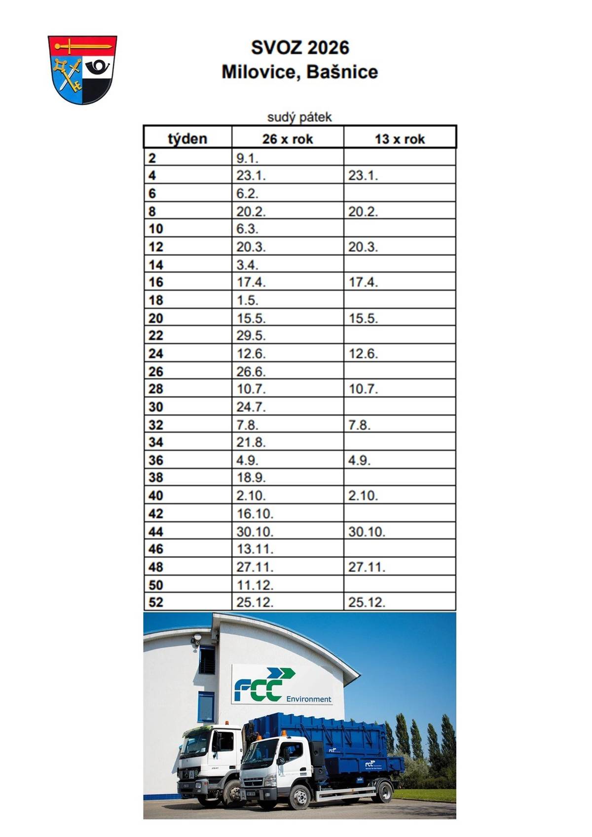 Oznamujeme termíny svozů odpadu na rok 2026.