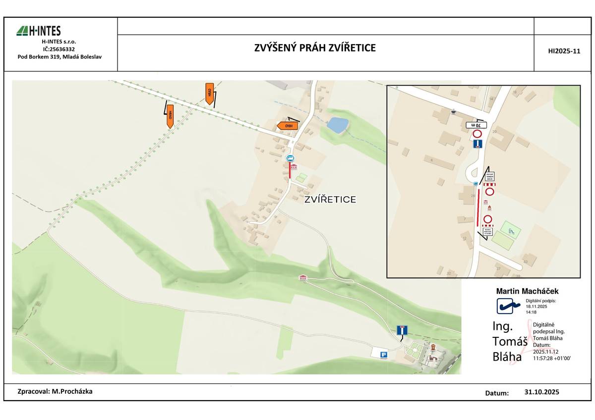 Z důvodu výstavby zvýšeného příčného prahu je do 19. 12. 2025 uzavřena místní komunikace v obci Zvířetice u č.p. 26 (pozemek parc. č. 488/17, k. ú. Zvířetice). 🚗 Objízdná trasa je vedena po přilehlých komunikacích dle DIO. 🚌 Autobusová doprava není uzavírkou dotčena. Děkujeme za pochopení.