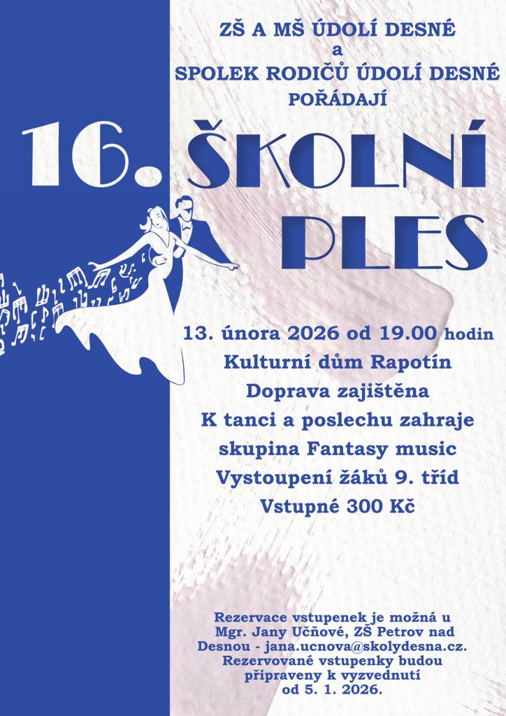Srdečně Vás zveme na tradiční školní ples ZŠ a MŠ Údolí Desné a Spolku rodičů Údolí Desné.