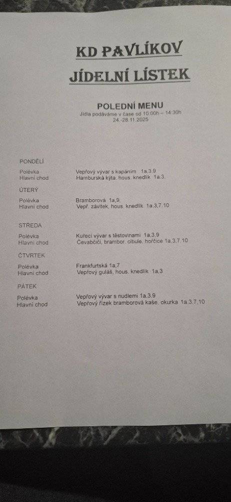 KD Pavlíkov - jídelní lístek od 24.- 28. 2025.