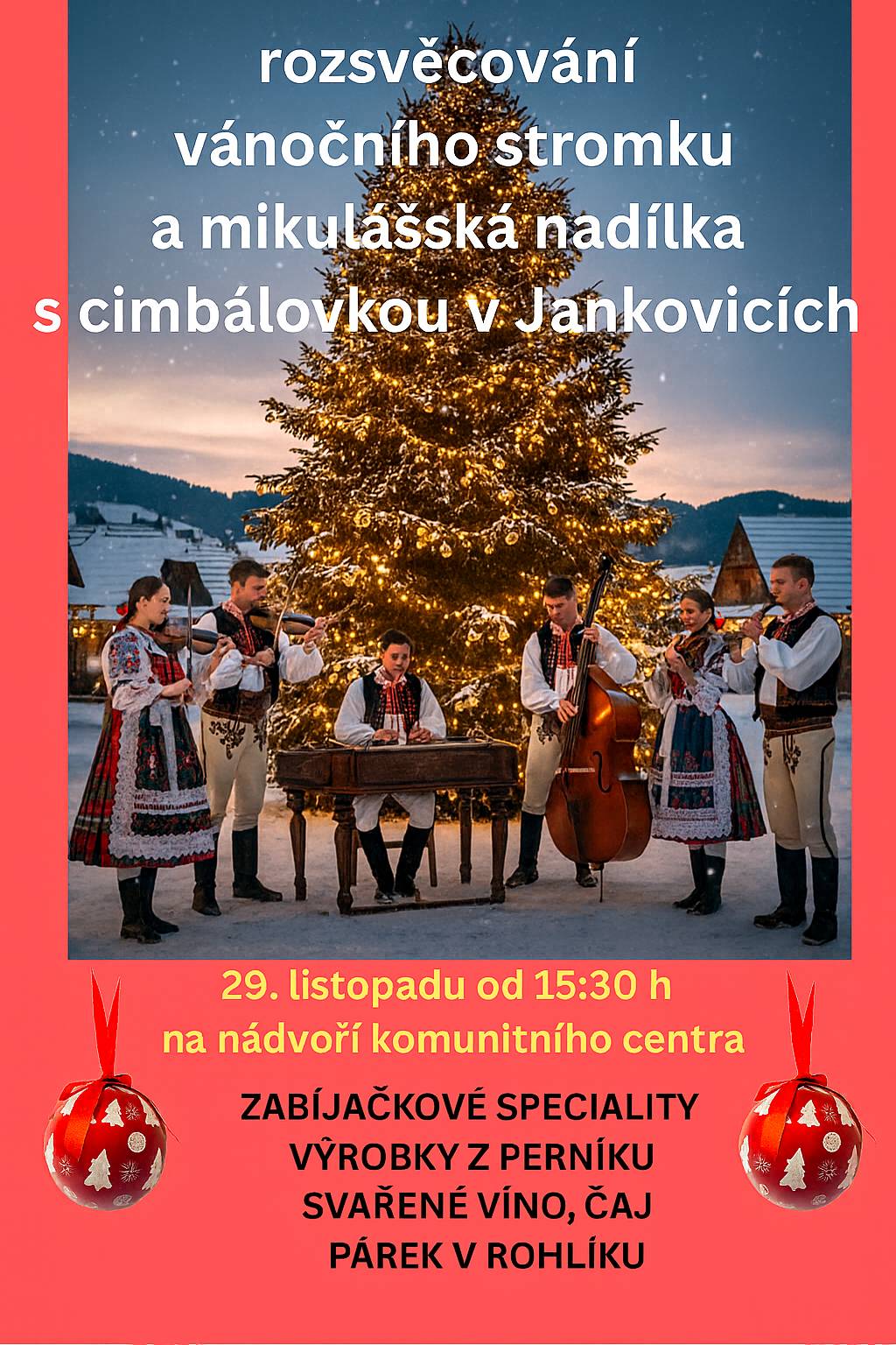 Zveme Vás na rozsvěcování vánočního stromku s mikulášskou nadílkou v Jankovicích v sobotu 29.11.2025 od 15.30h na nádvoří Komunitního volnočasového centra. Vystoupí děti z MŠ, Ženský pěvecký folklorní soubor Lipuše a cimbálová muzika.