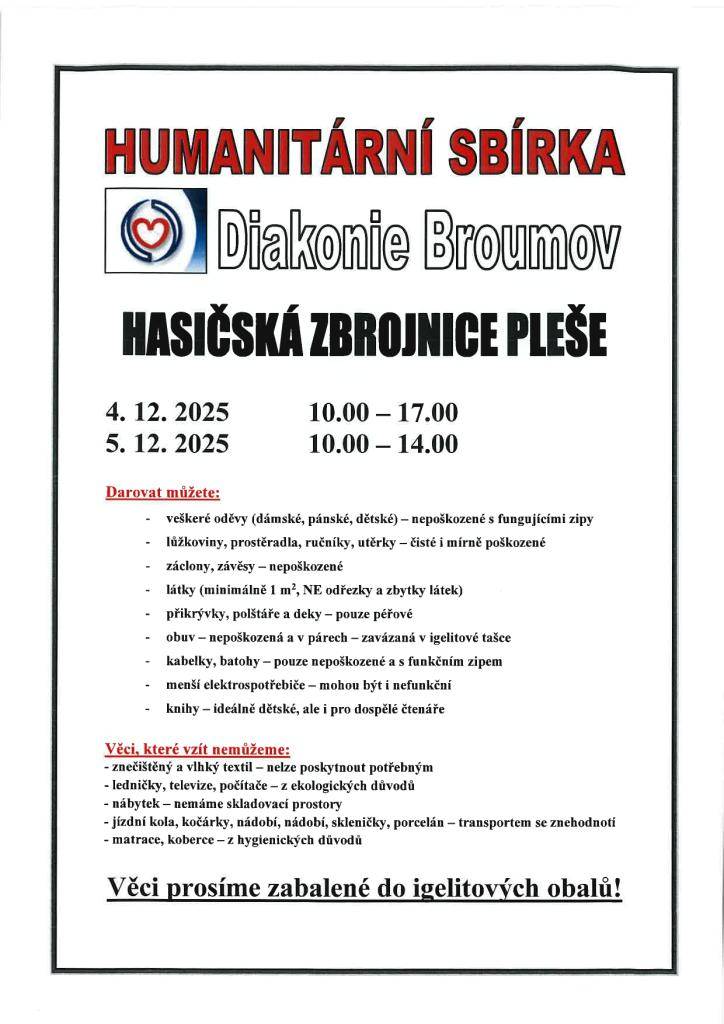 Pleše - Diakonie Broumov - sbírka (4.12 a 5.12.2025)
