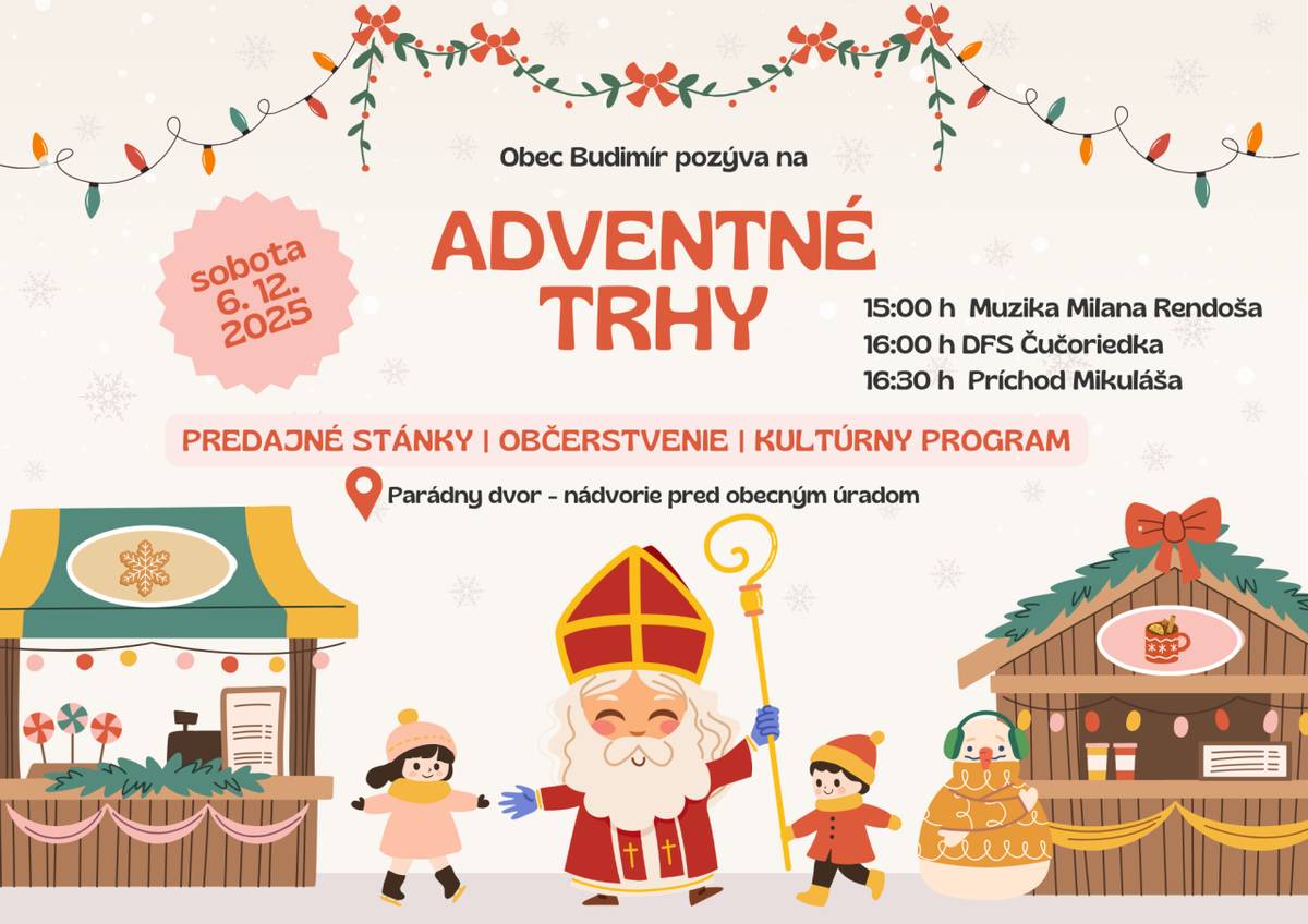 Srdečne Vás pozývame na adventné trhy 6.12.2025 so začiatkom o 15:00 hod na nádvorie pred Kaštieľom Florián. Detské tváre rozžiari príchod Mikuláša.