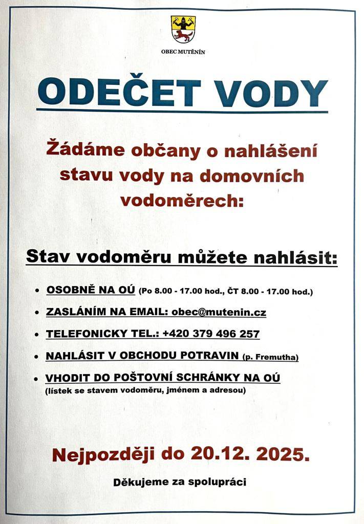 Obec Mutěnín žádá spoluobčany o nahlášení stavu domácích vodoměrů do 20.12. 2025.